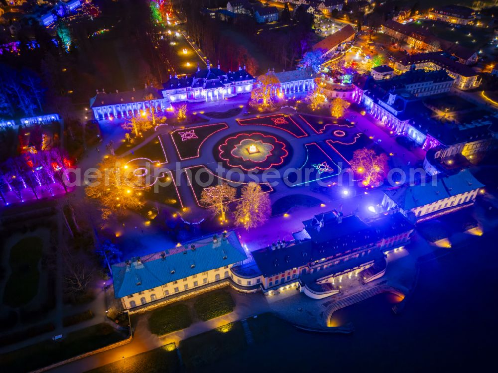 Aerial image at night Dresden - Night lighting building complex in the park of the castle Schlosspark Pillnitz on street August-Boeckstiegel-Strasse in the district Pillnitz in Dresden in the state Saxony, Germany