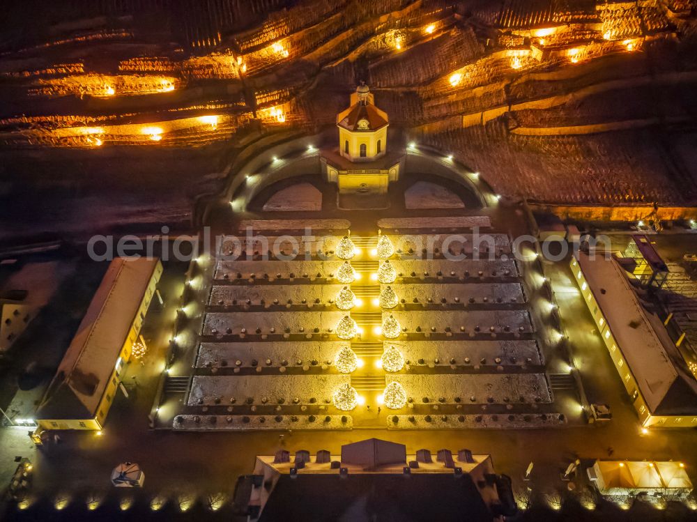 Aerial photograph at night Radebeul - Night lighting building complex in the park of the castle Wackerbarth on street Wackerbarthstrasse in Radebeul in the state Saxony, Germany