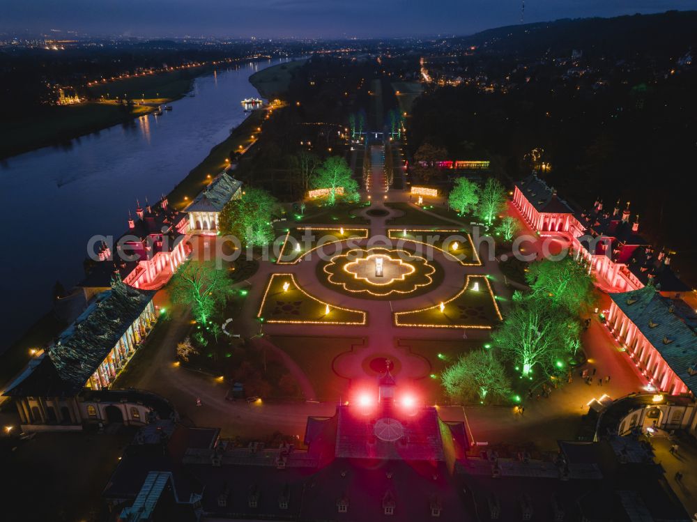 Aerial image at night Dresden - Night lights and lighting Christmas Garden in the Pillnitz Castle Park in Dresden in the state of Saxony, Germany