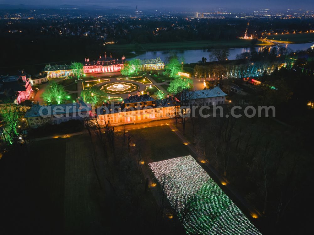 Dresden at night from above - Night lights and lighting Christmas Garden in the Pillnitz Castle Park in Dresden in the state of Saxony, Germany