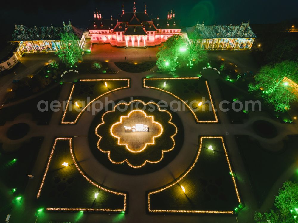 Dresden at night from the bird perspective: Night lights and lighting Christmas Garden in the Pillnitz Castle Park in Dresden in the state of Saxony, Germany