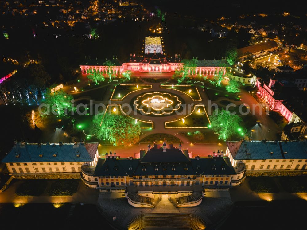 Aerial photograph at night Dresden - Night lights and lighting Christmas Garden in the Pillnitz Castle Park in Dresden in the state of Saxony, Germany