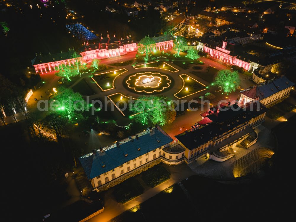 Aerial image at night Dresden - Night lights and lighting Christmas Garden in the Pillnitz Castle Park in Dresden in the state of Saxony, Germany