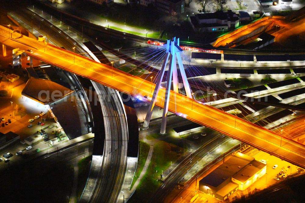 Aerial image at night Ludwigshafen am Rhein - Night lighting cable-stayed bridge road bridge construction along of federal street B37 in Ludwigshafen am Rhein in the state Rhineland-Palatinate, Germany