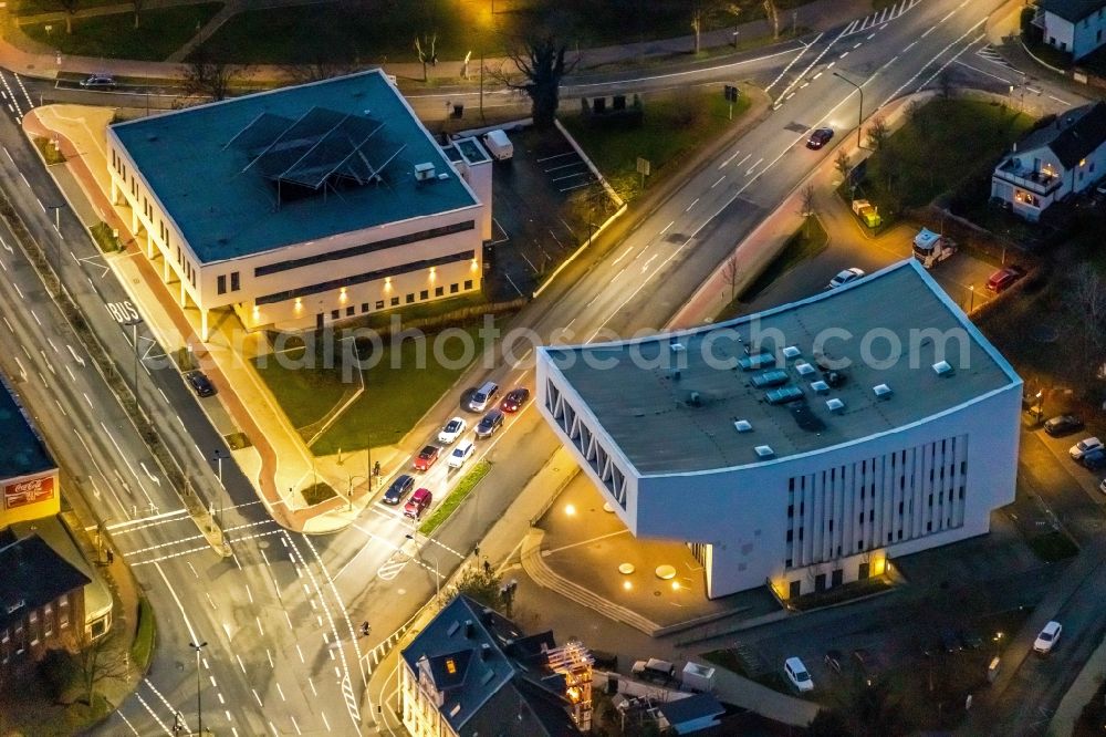 Hamm at night from above - Night lighting school building of the Staedtische Musikschule Hamm on street Kolpingstrasse in Hamm in the state North Rhine-Westphalia, Germany