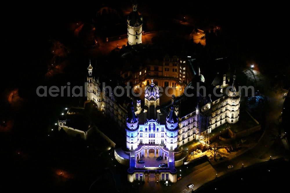 Schwerin at night from above - Night lighting schwerin Castle in the state capital of Mecklenburg-Western Pomerania