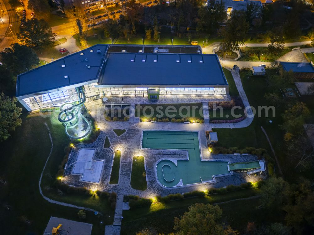 Aerial image at night Dresden - Night lighting swimming pool of the Freibad Prohlis on street Georg-Palitzsch-Strasse in the district Prohlis in Dresden in the state Saxony, Germany