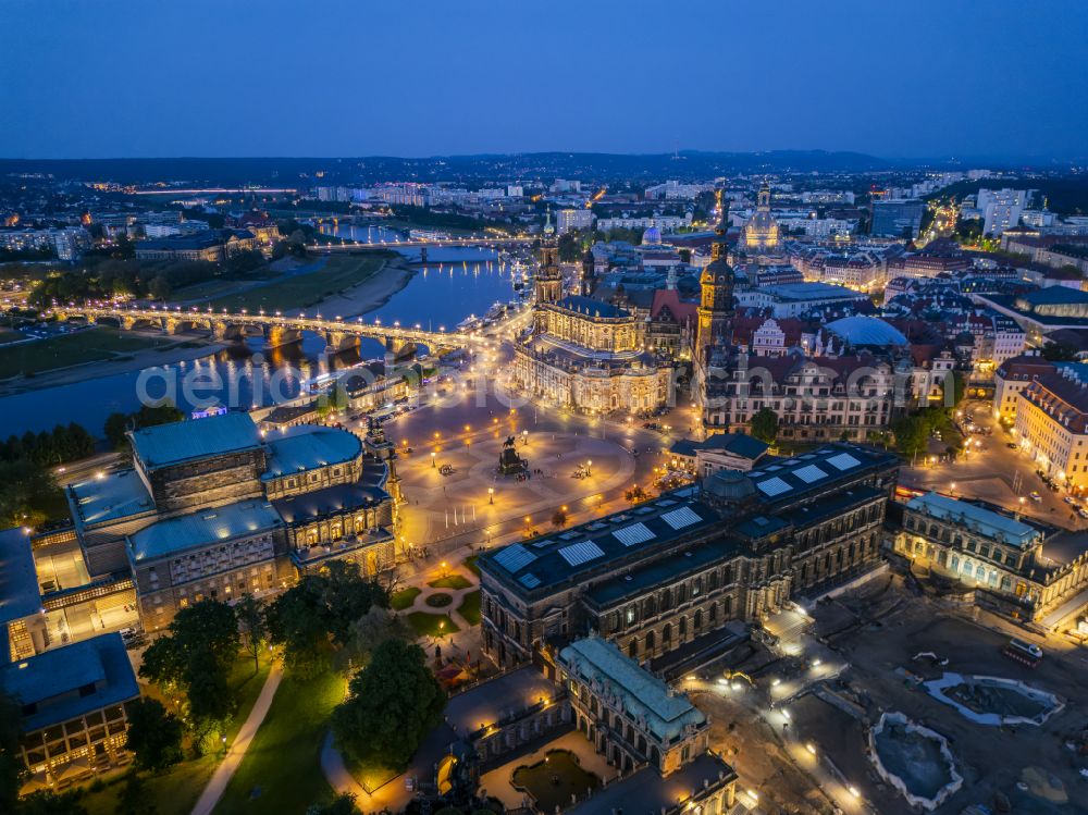 Dresden at night from the bird perspective: Night lighting view of the opera Semperoper in Dresden in the state Saxony