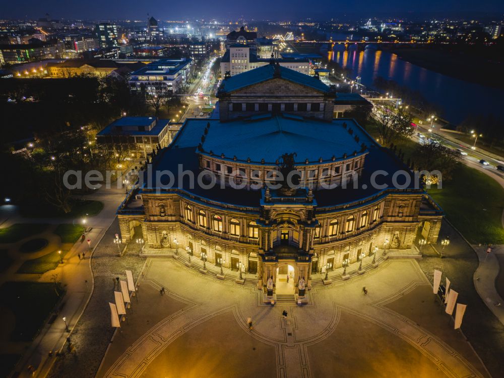 Aerial photograph at night Dresden - Night lighting view of the opera Semperoper in Dresden in the state Saxony