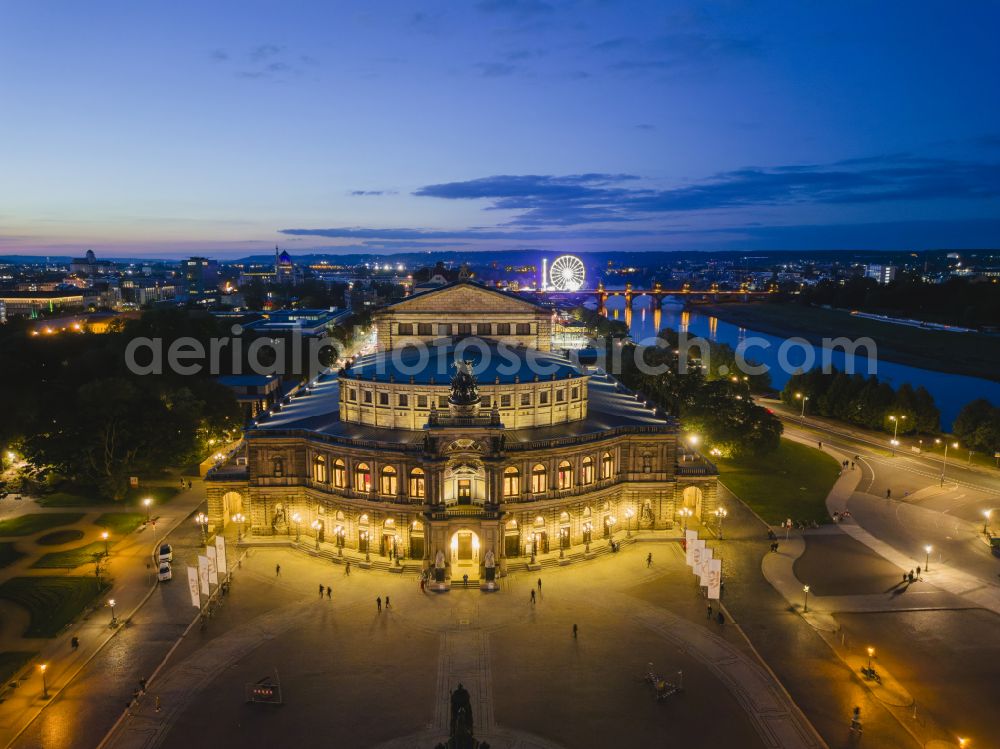 Dresden at night from the bird perspective: Night lighting view of the opera Semperoper in Dresden in the state Saxony