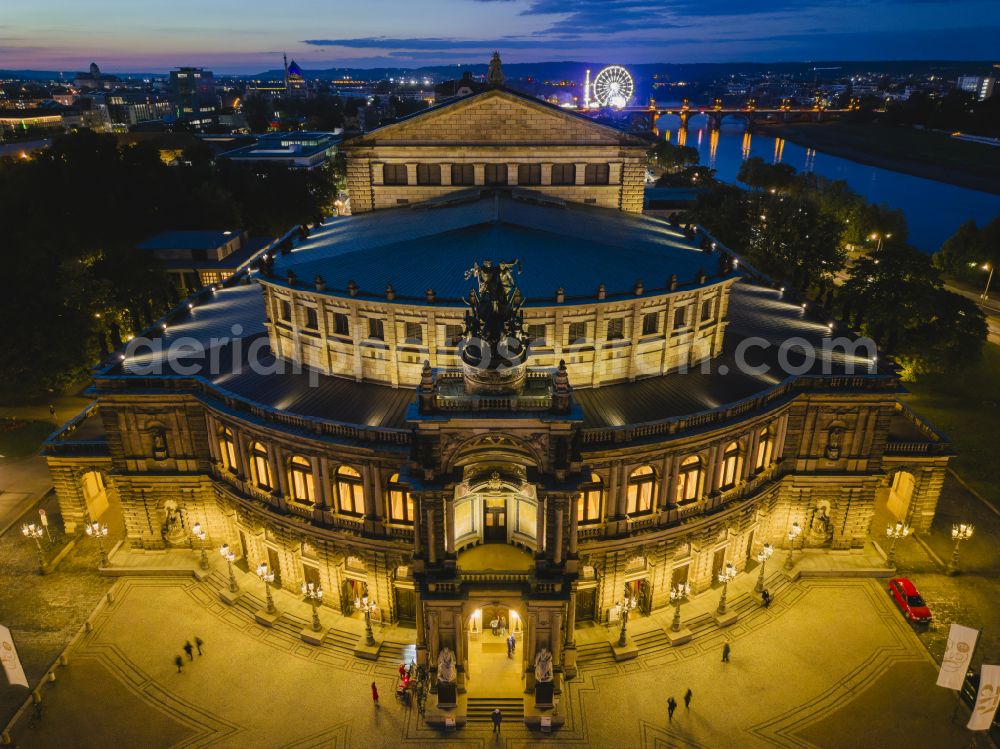 Aerial photograph at night Dresden - Night lighting view of the opera Semperoper in Dresden in the state Saxony