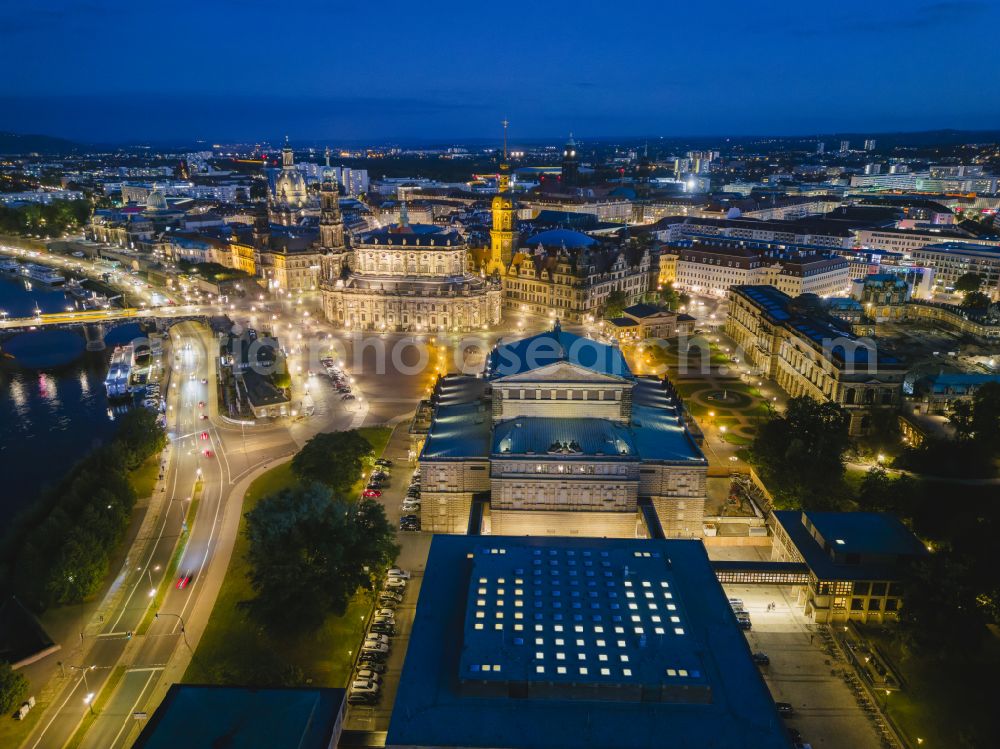 Aerial image at night Dresden - Night lighting view of the opera Semperoper in Dresden in the state Saxony