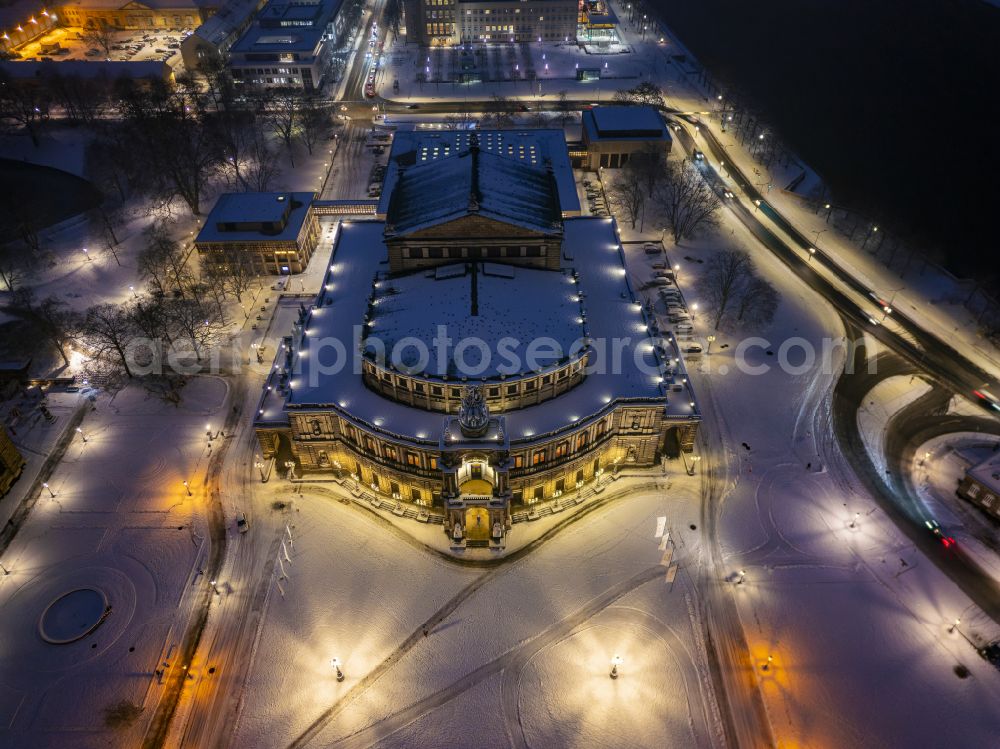 Aerial image at night Dresden - Night lighting view of the opera Semperoper in Dresden in the state Saxony