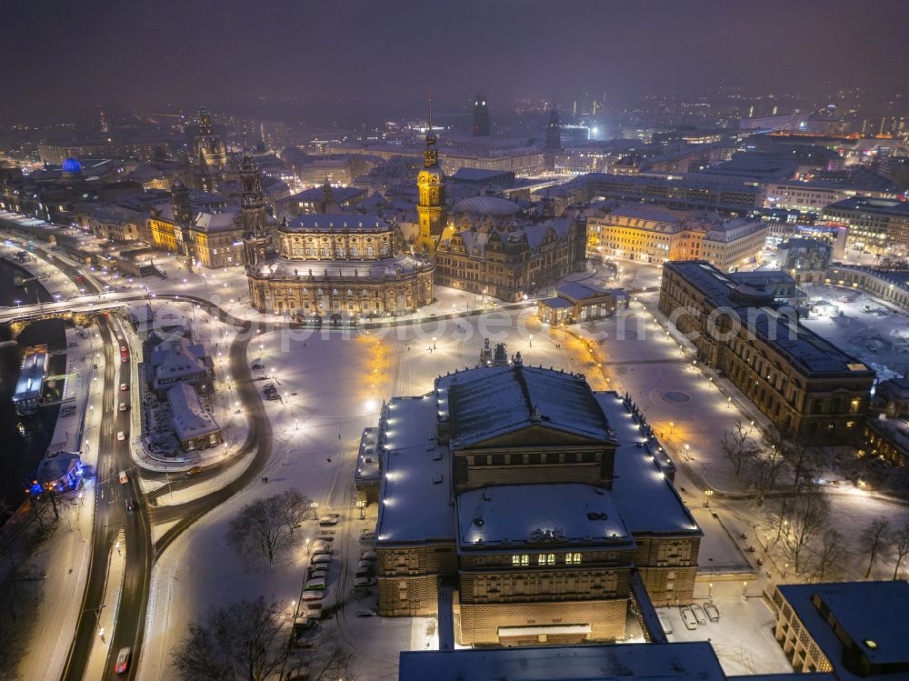 Dresden at night from the bird perspective: Night lighting view of the opera Semperoper in Dresden in the state Saxony