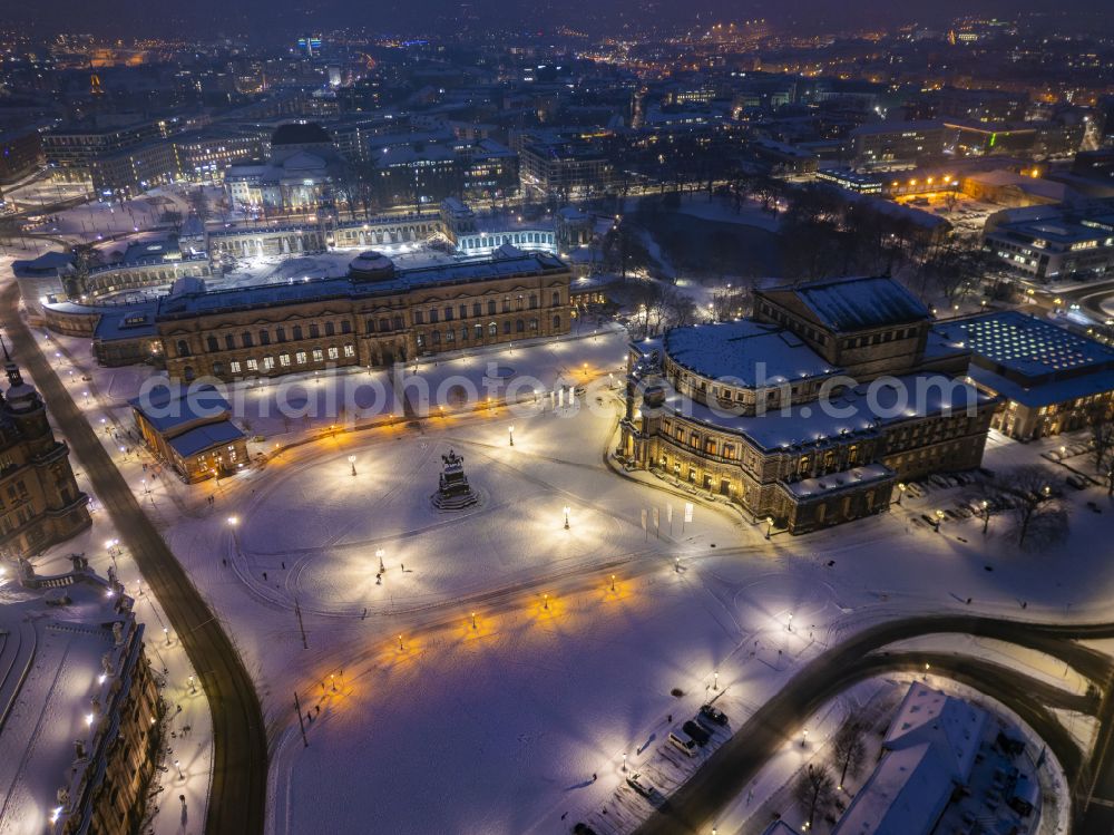 Aerial image at night Dresden - Night lighting view of the opera Semperoper in Dresden in the state Saxony