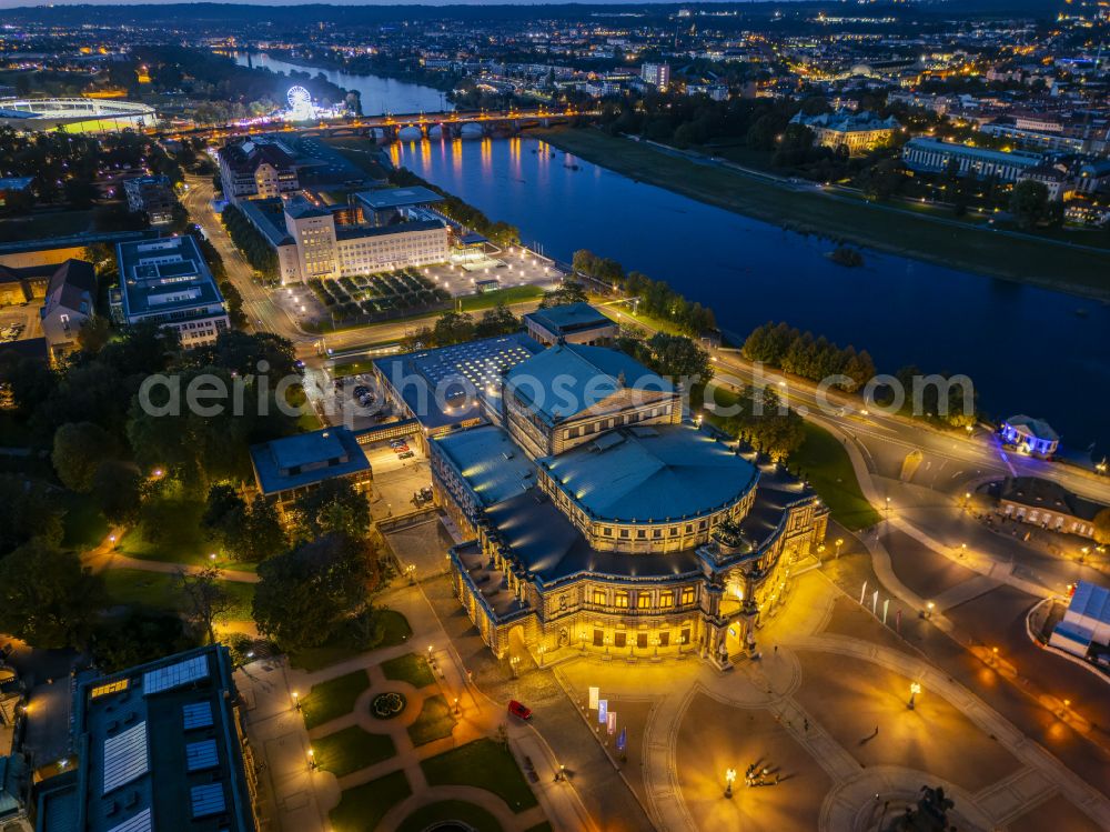 Dresden at night from the bird perspective: Night lighting view of the opera Semperoper in Dresden in the state Saxony