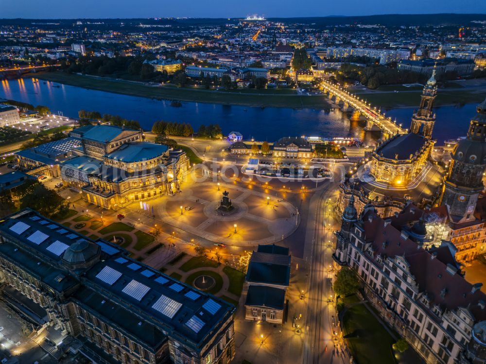 Aerial image at night Dresden - Night lighting view of the opera Semperoper in Dresden in the state Saxony