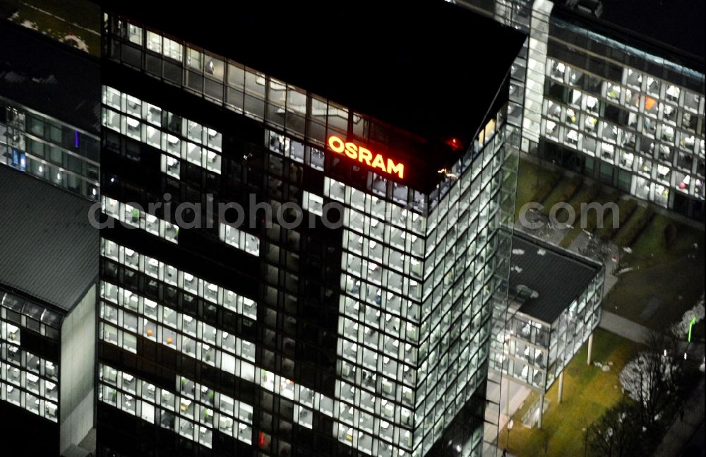 München at night from above - Night lighting administration building of the company of OSRAM GmbH on Marcel-Breuer-Strasse in the district Schwabing-Freimann in Munich in the state Bavaria, Germany