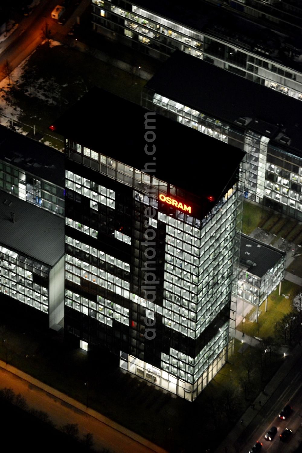 Aerial photograph at night München - Night lighting administration building of the company of OSRAM GmbH on Marcel-Breuer-Strasse in the district Schwabing-Freimann in Munich in the state Bavaria, Germany