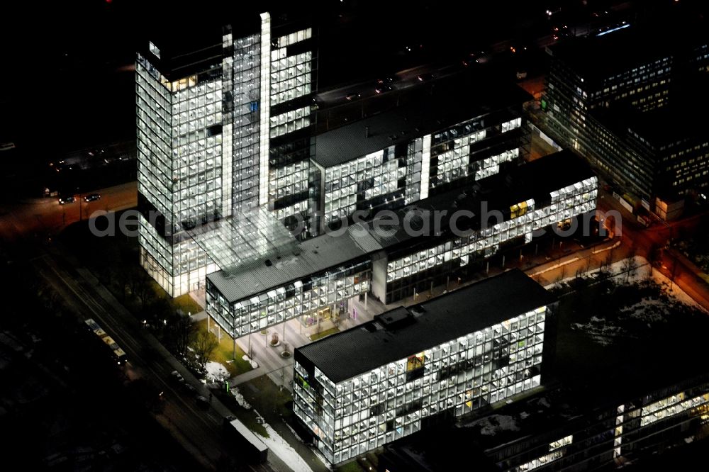 München at night from above - Night lighting administration building of the company of OSRAM GmbH on Marcel-Breuer-Strasse in the district Schwabing-Freimann in Munich in the state Bavaria, Germany