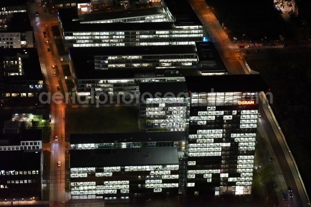 München at night from above - Night lighting administration building of the company of OSRAM GmbH on Marcel-Breuer-Strasse in the district Schwabing-Freimann in Munich in the state Bavaria, Germany