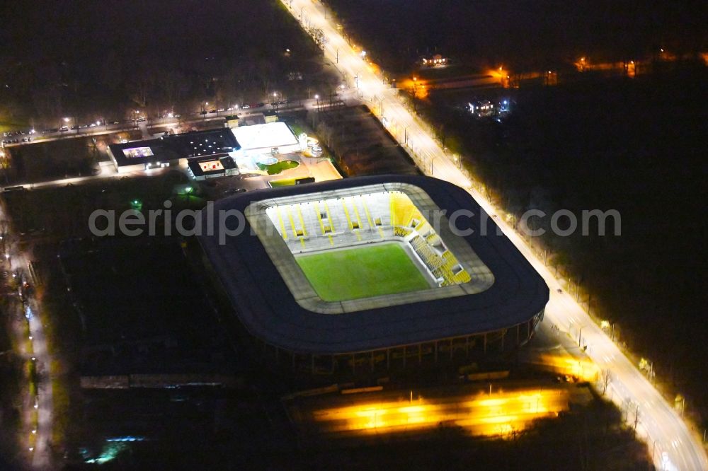 Aerial photograph at night Dresden - Night lighting Sports facility grounds of the Arena stadium DDV-Stadion in Dresden in the state Saxony