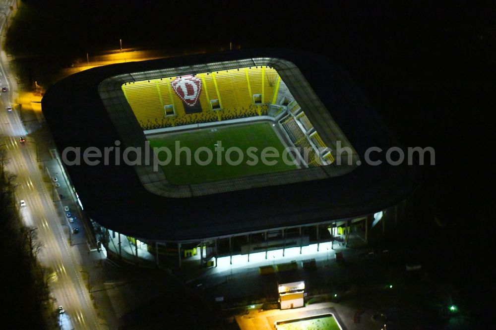 Aerial photograph at night Dresden - Night lighting Sports facility grounds of the Arena stadium DDV-Stadion in Dresden in the state Saxony