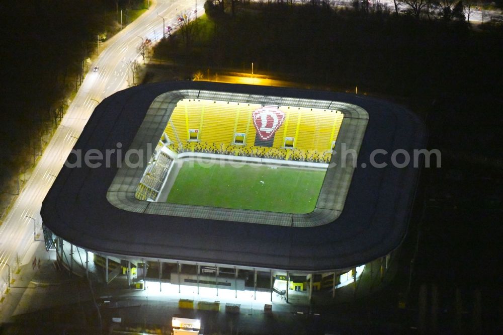 Aerial image at night Dresden - Night lighting Sports facility grounds of the Arena stadium DDV-Stadion in Dresden in the state Saxony