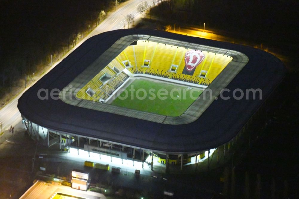 Dresden at night from above - Night lighting Sports facility grounds of the Arena stadium DDV-Stadion in Dresden in the state Saxony