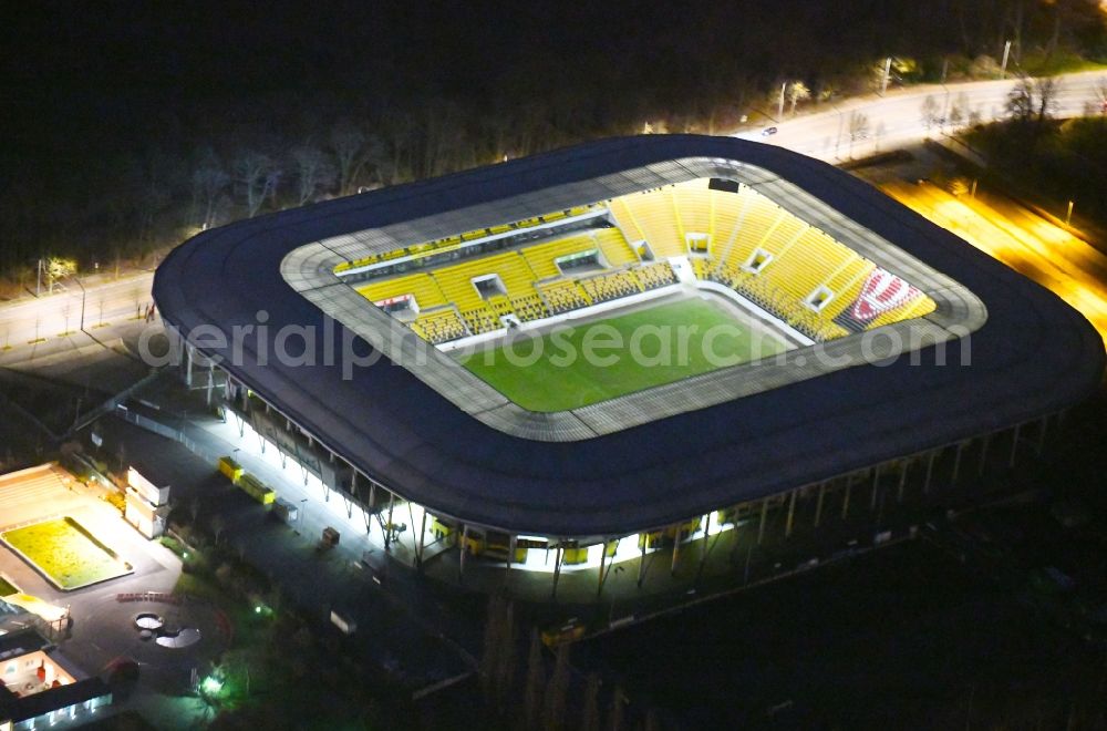 Dresden at night from the bird perspective: Night lighting Sports facility grounds of the Arena stadium DDV-Stadion in Dresden in the state Saxony