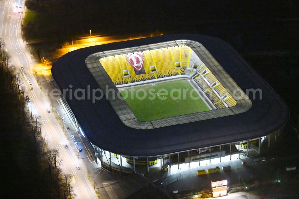 Dresden at night from above - Night lighting Sports facility grounds of the Arena stadium DDV-Stadion in Dresden in the state Saxony