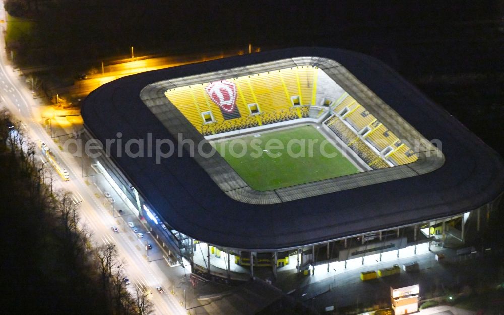 Dresden at night from above - Night lighting Sports facility grounds of the Arena stadium DDV-Stadion in Dresden in the state Saxony