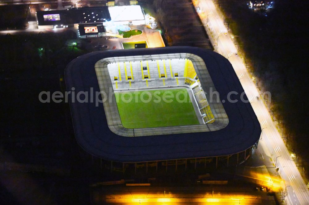 Aerial image at night Dresden - Night lighting sports facility grounds of the Arena stadium DDV-Stadion on street Lennestrasse in Dresden in the state Saxony