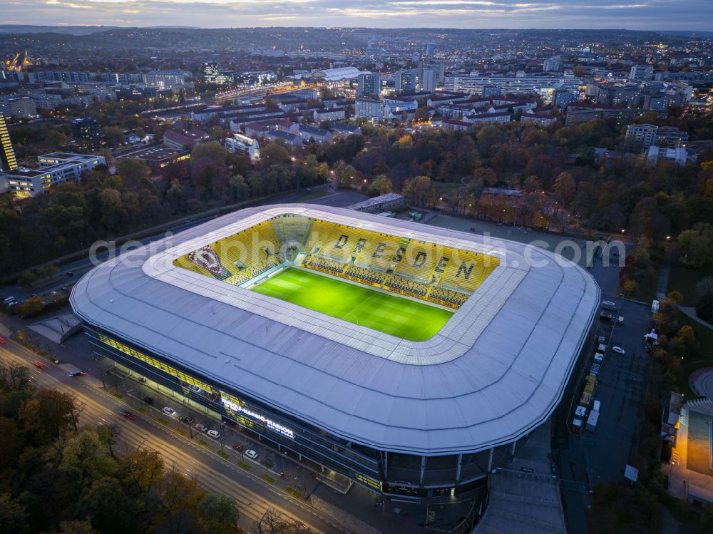 Dresden at night from above - Night lighting sports facility grounds of the Arena stadium DDV-Stadion on street Lennestrasse in Dresden in the state Saxony