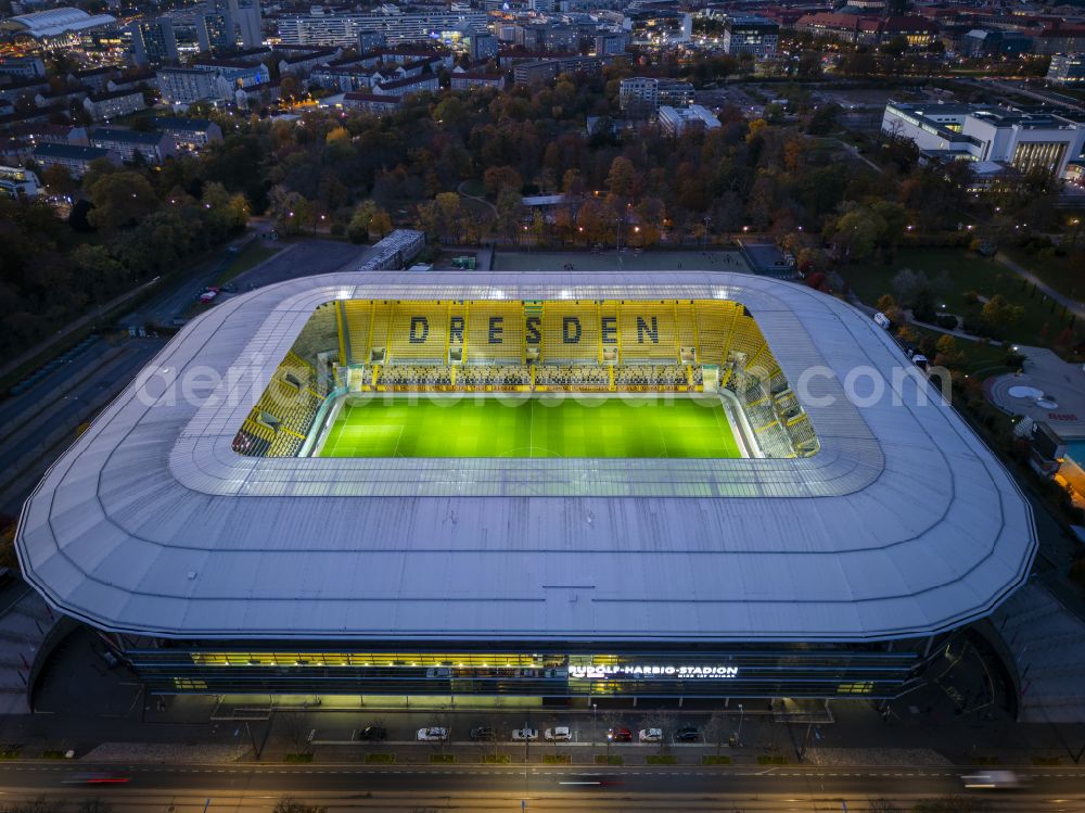 Dresden at night from the bird perspective: Night lighting sports facility grounds of the Arena stadium DDV-Stadion on street Lennestrasse in Dresden in the state Saxony