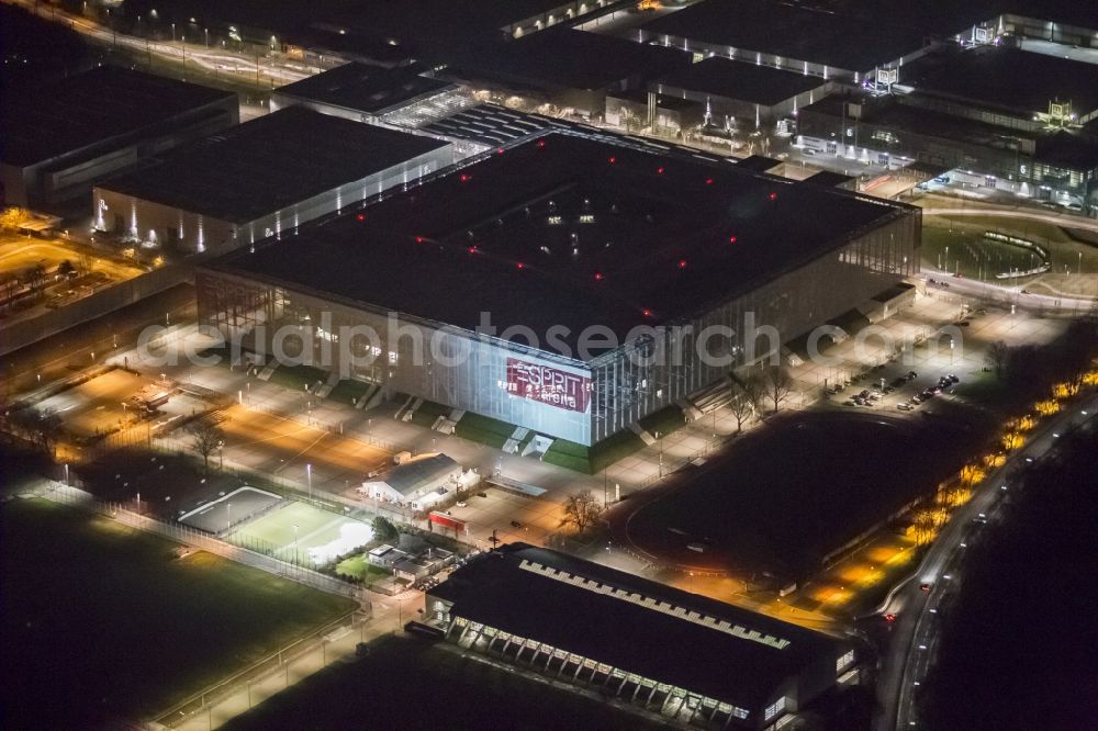 Düsseldorf at night from above - Night lighting sports facility grounds of the Arena stadium ESPRIT arena in Duesseldorf in the state North Rhine-Westphalia