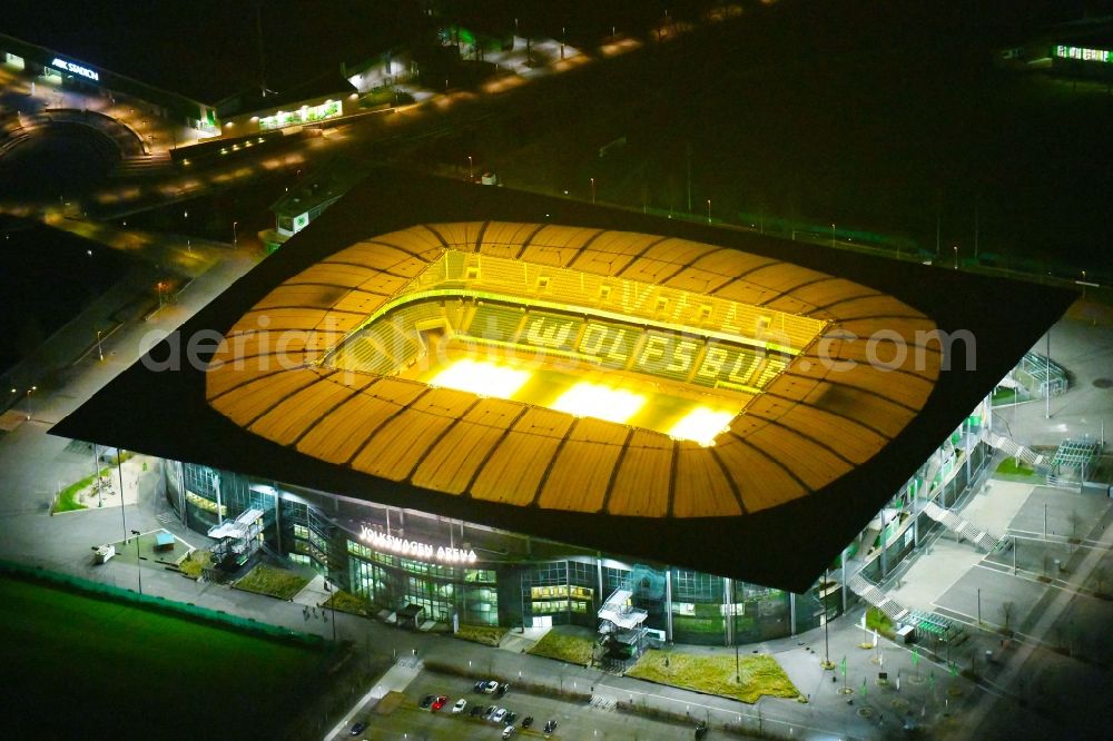 Aerial photograph at night Wolfsburg - Night lighting Sports facility grounds of the Arena stadium Volkswagen Arena In den Allerwiesen in the district Sonderbezirk in Wolfsburg in the state Lower Saxony, Germany