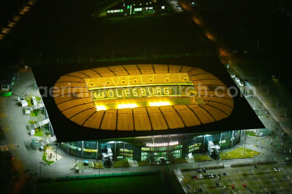 Wolfsburg at night from above - Night lighting Sports facility grounds of the Arena stadium Volkswagen Arena In den Allerwiesen in the district Sonderbezirk in Wolfsburg in the state Lower Saxony, Germany