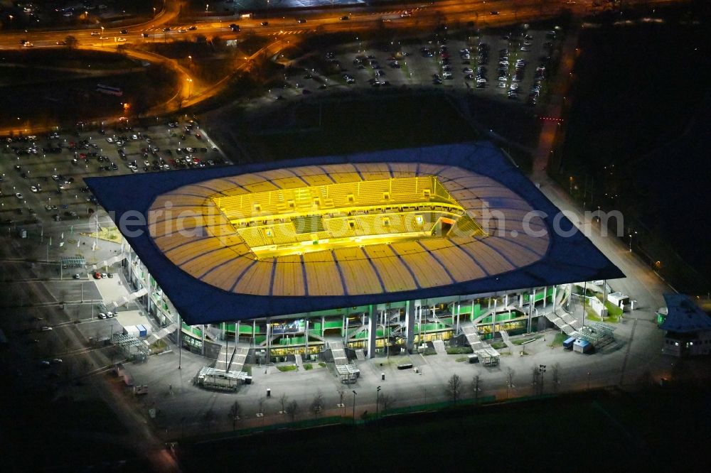 Wolfsburg at night from above - Night lighting Grounds of the Arena stadium Volkswagen Arena In den Allerwiesen in the district Sonderbezirk in Wolfsburg in the state Lower Saxony, Germany