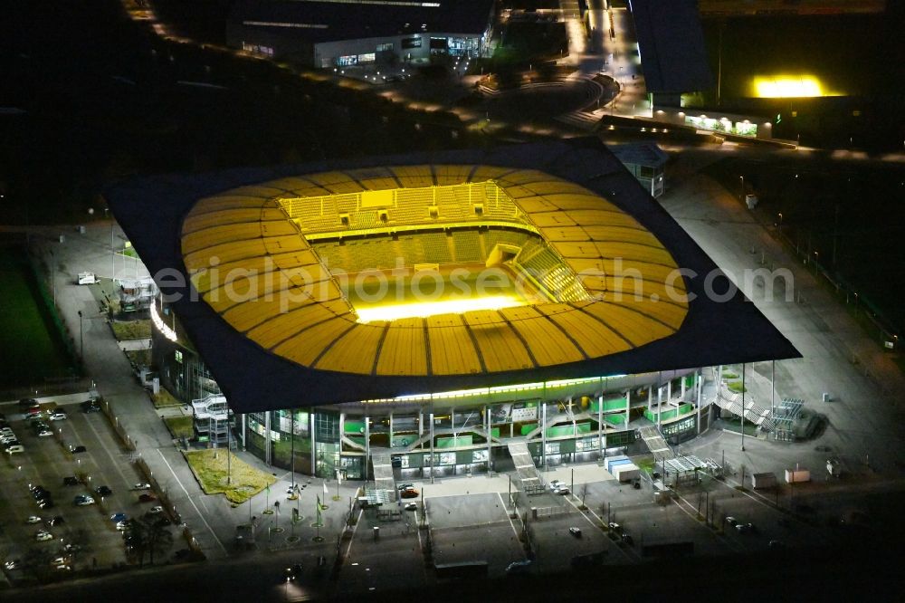 Wolfsburg at night from above - Night lighting Grounds of the Arena stadium Volkswagen Arena In den Allerwiesen in the district Sonderbezirk in Wolfsburg in the state Lower Saxony, Germany