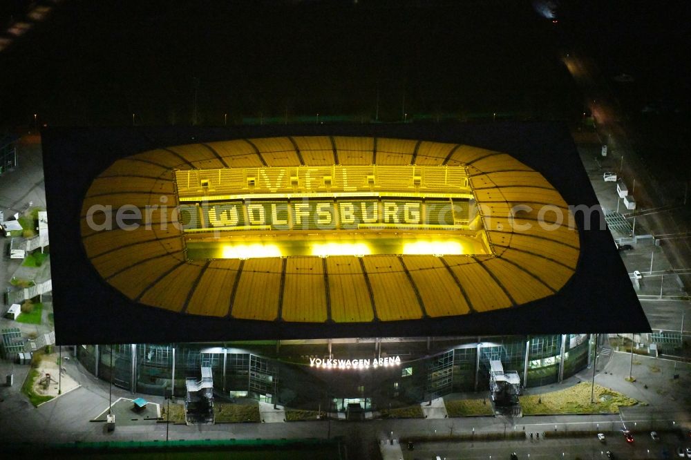 Aerial image at night Wolfsburg - Night lighting Grounds of the Arena stadium Volkswagen Arena In den Allerwiesen in the district Sonderbezirk in Wolfsburg in the state Lower Saxony, Germany