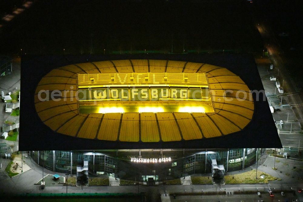 Wolfsburg at night from above - Night lighting Grounds of the Arena stadium Volkswagen Arena In den Allerwiesen in the district Sonderbezirk in Wolfsburg in the state Lower Saxony, Germany