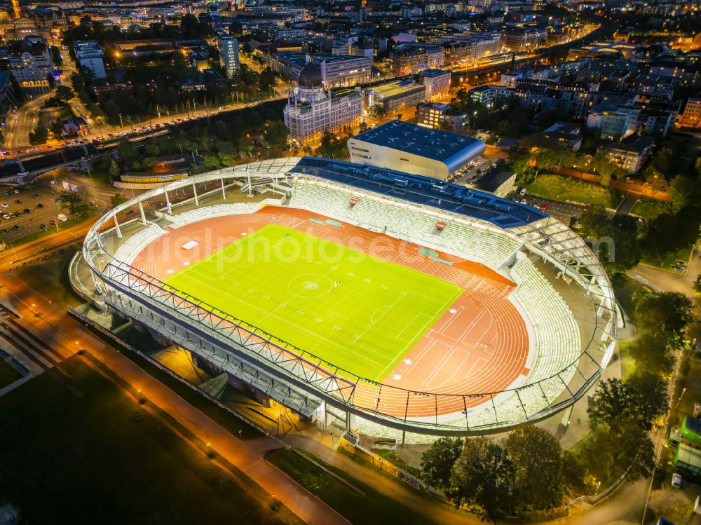 Dresden at night from the bird perspective: Night lighting sports facility area of the stadium Heinz-Steyer-Stadion on the street Pieschener Allee in the district of Friedrichstadt in Dresden in the federal state of Saxony, Germany