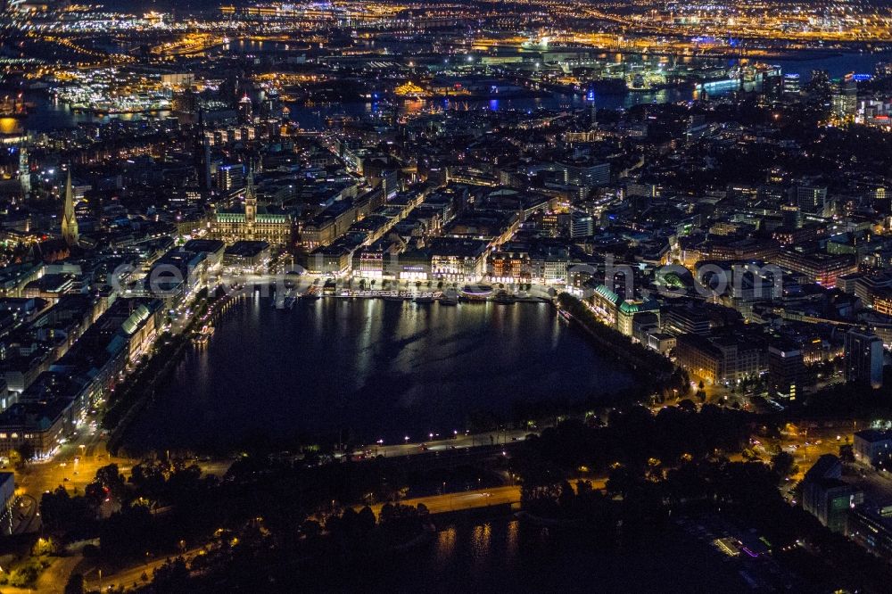 Aerial image at night Hamburg - Night view of the Inner Alster Lake in Hamburg and the Alster in Hamburg