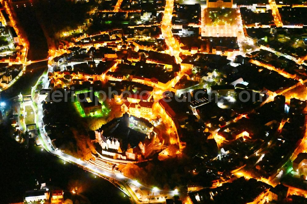 Bernburg (Saale) at night from the bird perspective: Night lighting city view on down town in Bernburg (Saale) in the state Saxony-Anhalt, Germany