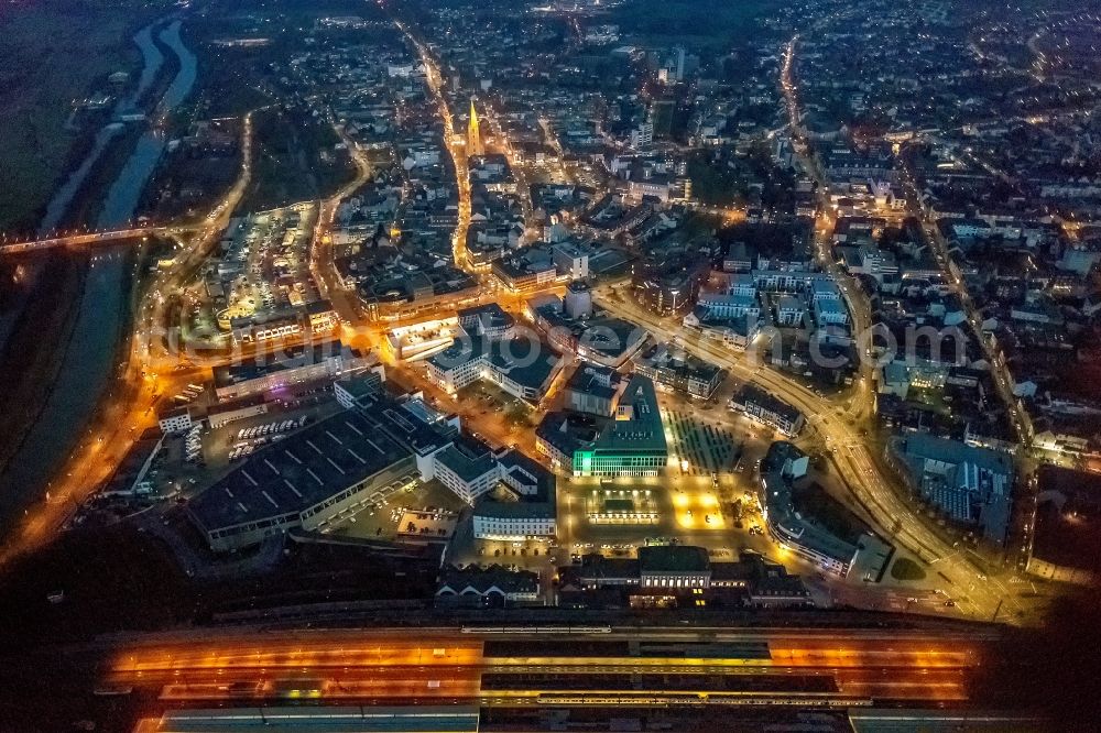 Aerial photograph at night Hamm - Night lighting City view of the city area of in Hamm in the state North Rhine-Westphalia, Germany