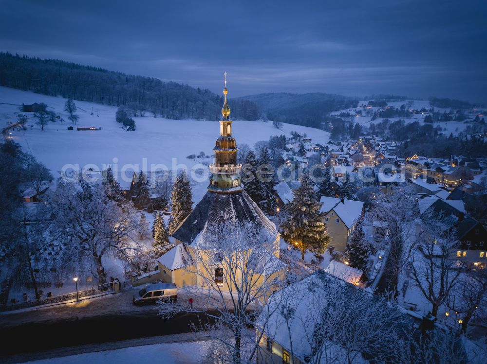 Aerial image at night Kurort Seiffen/Erzgeb. - Night lighting city view on down town in Kurort Seiffen/Erzgeb. in the state Saxony, Germany