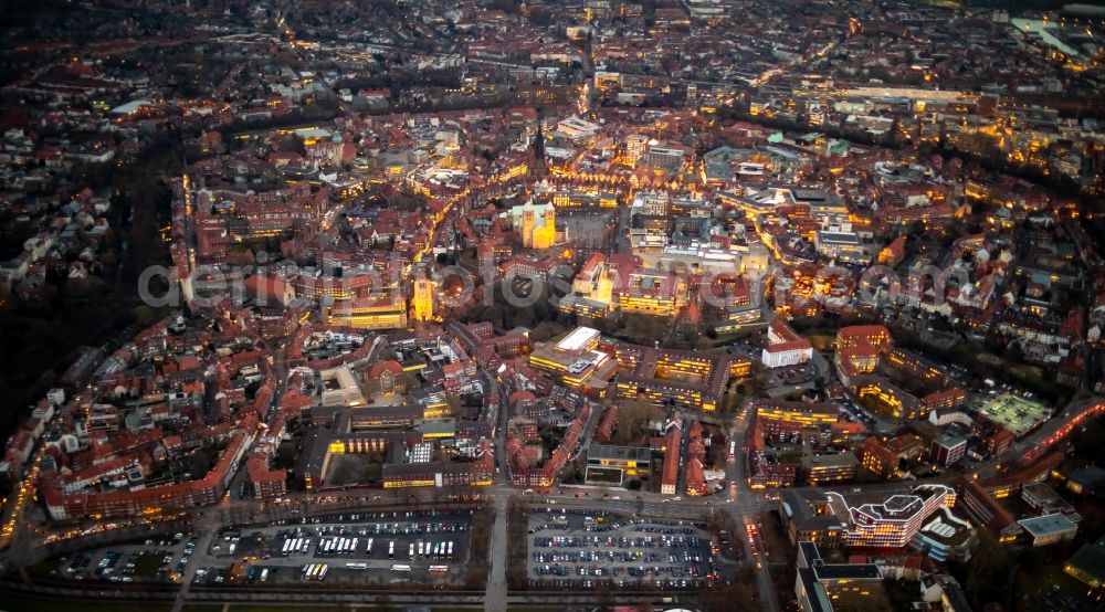 Münster at night from the bird perspective: Night lighting city view on down town in Muenster in the state North Rhine-Westphalia, Germany