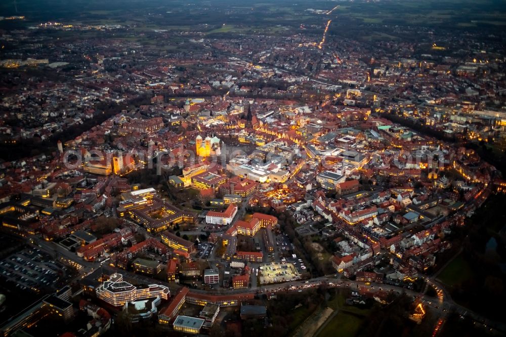 Aerial photograph at night Münster - Night lighting city view on down town in Muenster in the state North Rhine-Westphalia, Germany