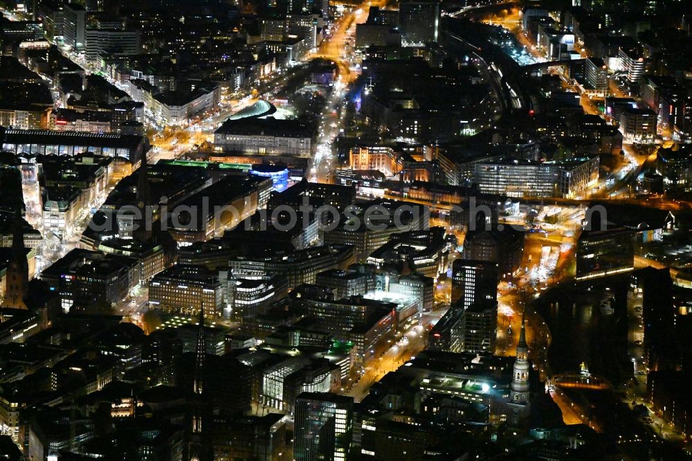 Aerial image at night Hamburg - Night lights and illumination City view of the downtown area in the district Altstadt in the district Altstadt in Hamburg, Germany